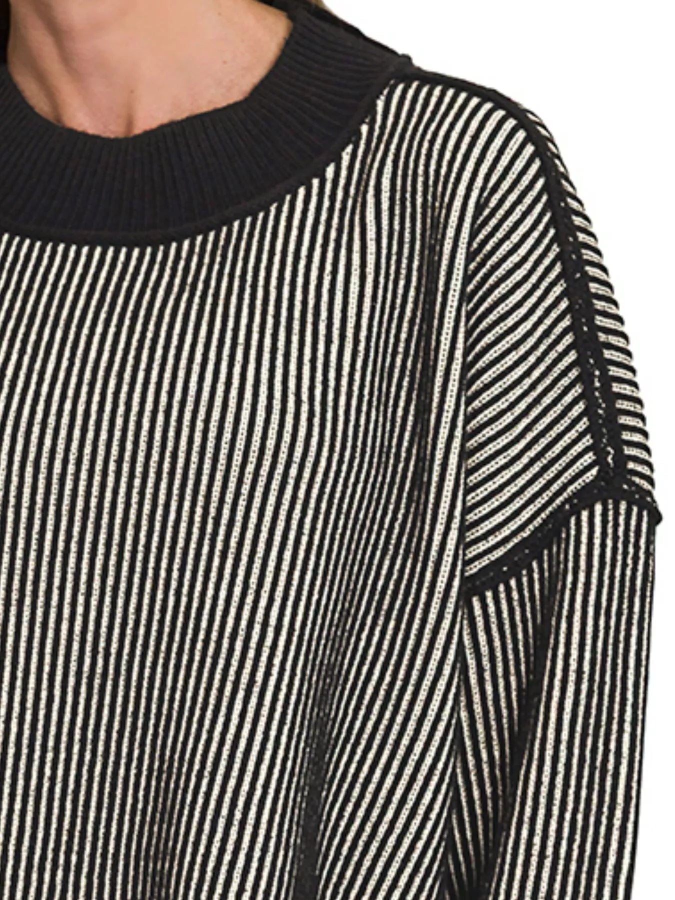 Zenana Ribbed Exposed Seam Two Tone Sweater in Black