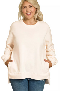 Zenana Fleece Hi-Low Boyfriend Sweatshirt with Pockets - Cream