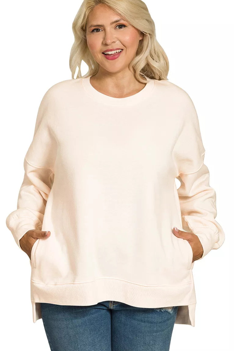 Zenana Fleece Hi-Low Boyfriend Sweatshirt with Pockets - Cream