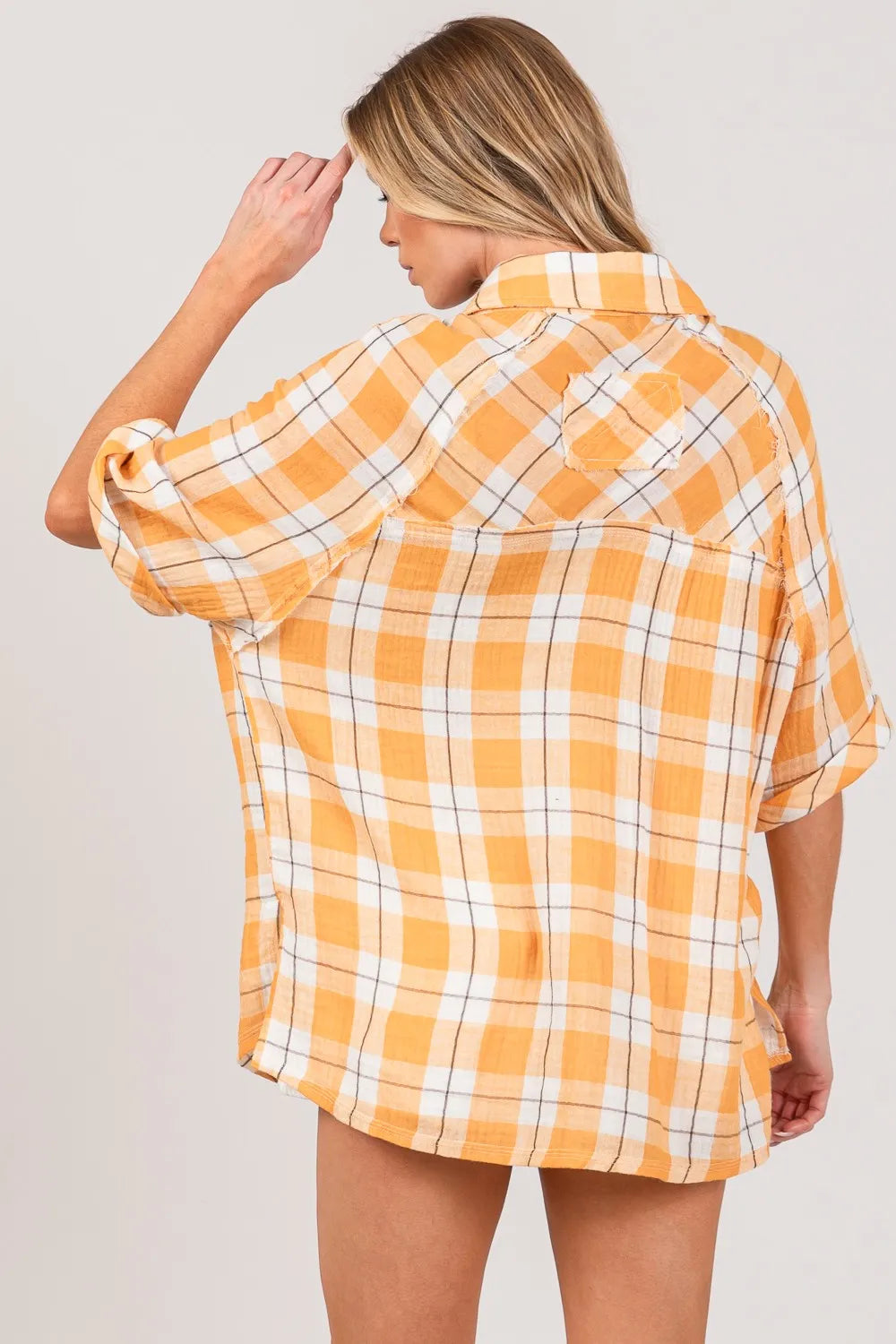 Apricot Plaid Button Up Side Slit Shirt
