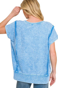 Zenana French Terry Halo Snow Washed Oversized Hi-Low Top in Ocean Blue