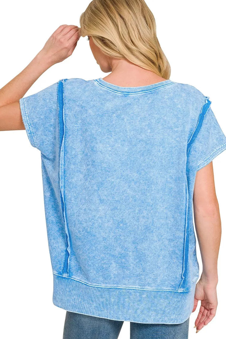 Zenana French Terry Halo Snow Washed Oversized Hi-Low Top in Ocean Blue