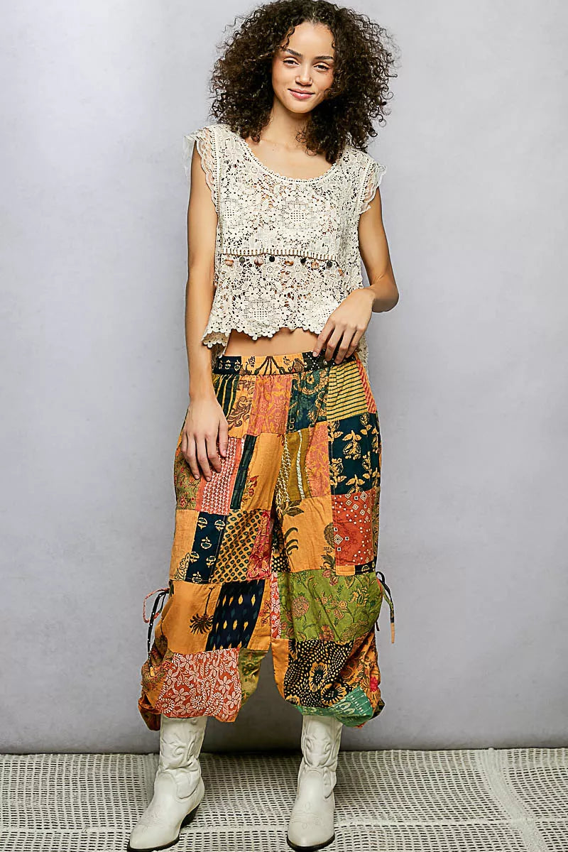 POL Printed Patchwork Pants with Adjustable Side Drawstring