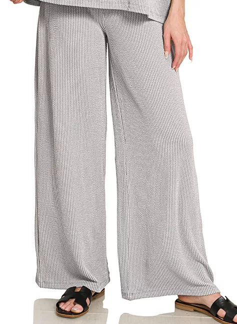 Zenana Raised Rib Relaxed Top &amp; Pants Set Sleet Grey