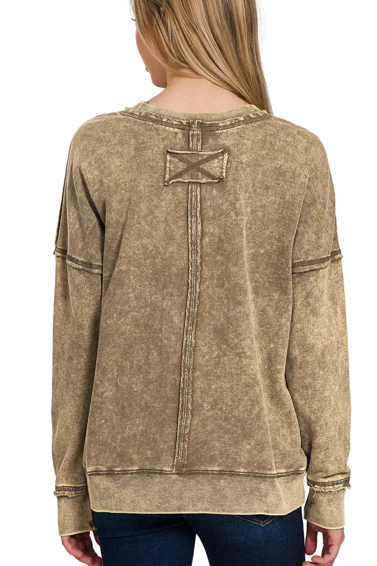 Zenana French Terry Washed Raw Edge Front Pocket Pullover Sweatshirt in Mocha