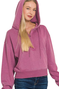 Fleece Pigment Dyed Half Zip Kangaroo Pocket Hoodie in Wine