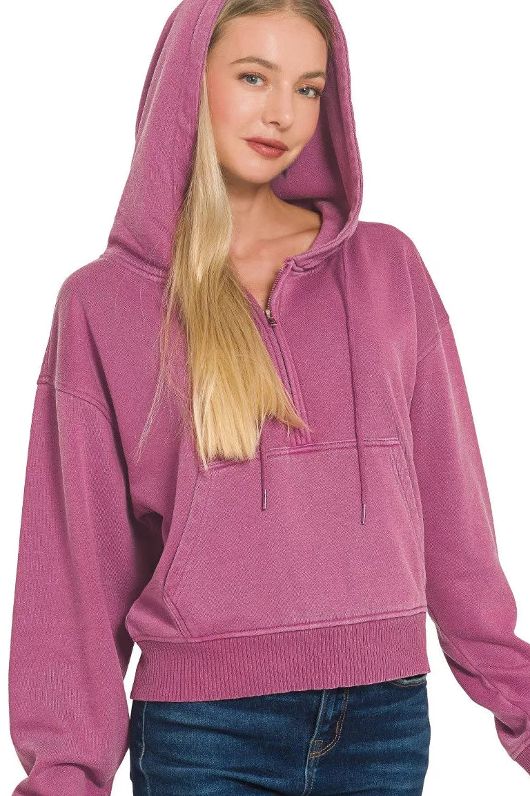 Fleece Pigment Dyed Half Zip Kangaroo Pocket Hoodie in Wine
