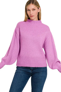 Zenana Balloon Sleeve Mock Neck Sweater in Heathered Mauve