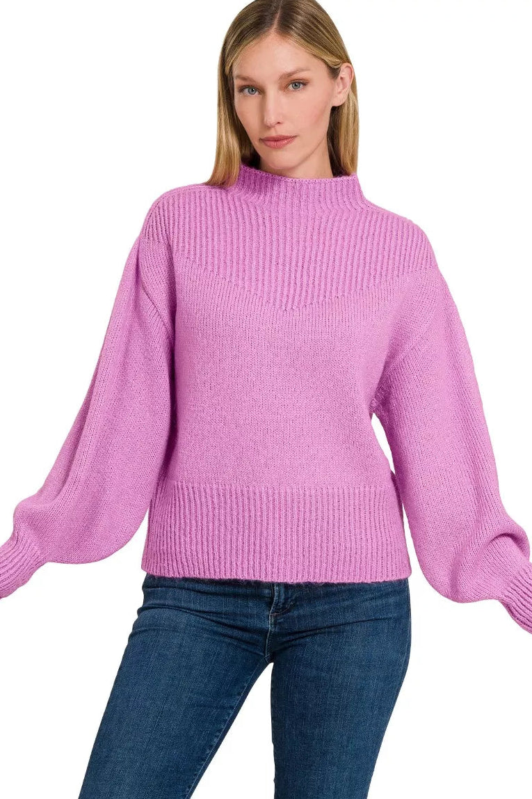 Zenana Balloon Sleeve Mock Neck Sweater in Heathered Mauve
