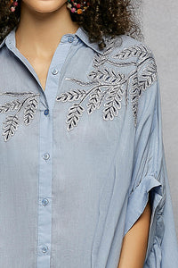 POL Floral Embroidered Button Down High-Low Hem Shirt
