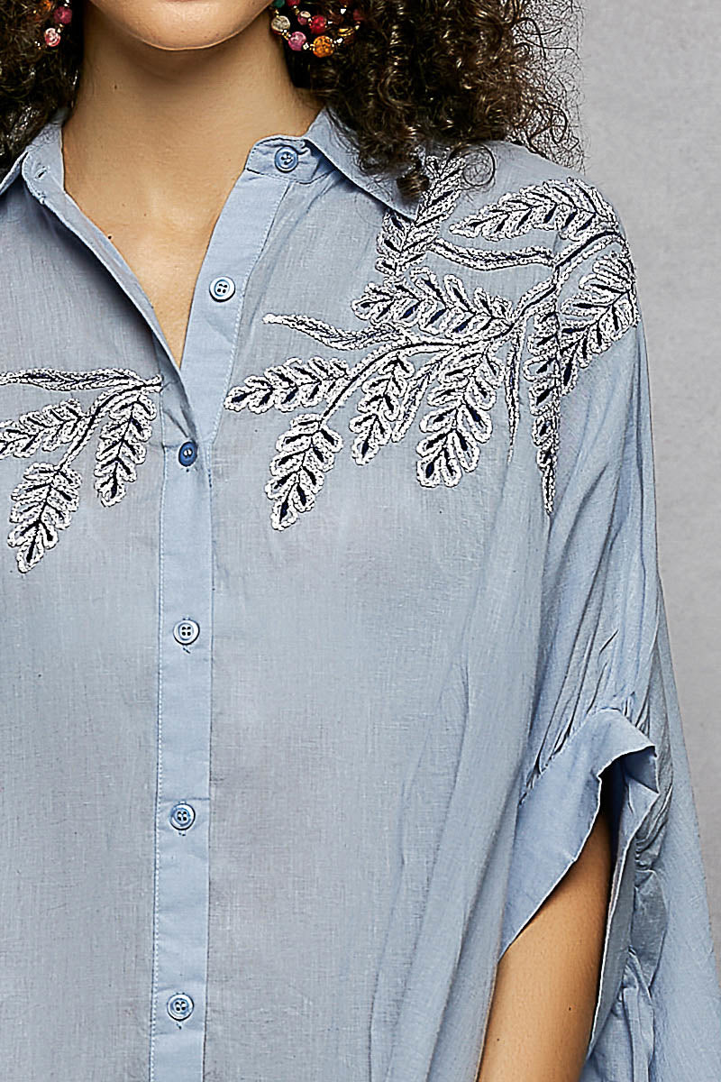 POL Floral Embroidered Button Down High-Low Hem Shirt