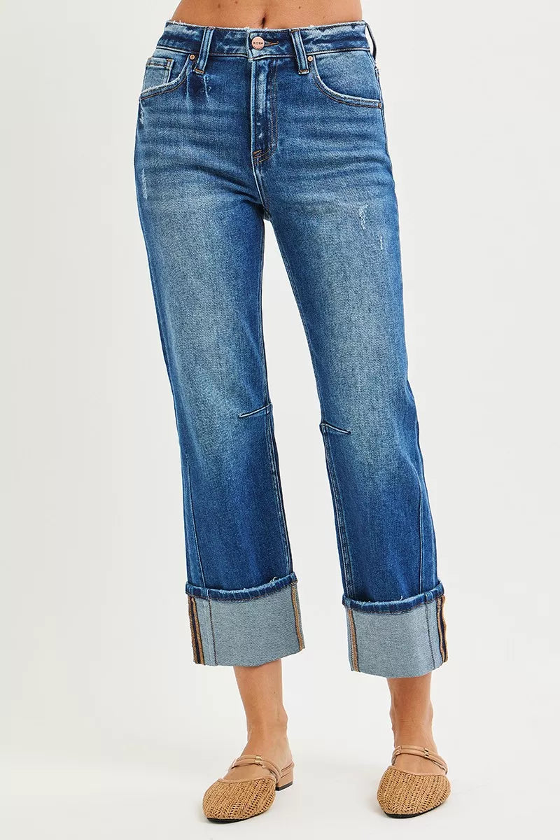 Risen High Rise Straight Cuffed Seam Detail Jeans 