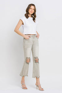 Lovervet Moss Green High Rise Distressed Cropped Flare Jeans