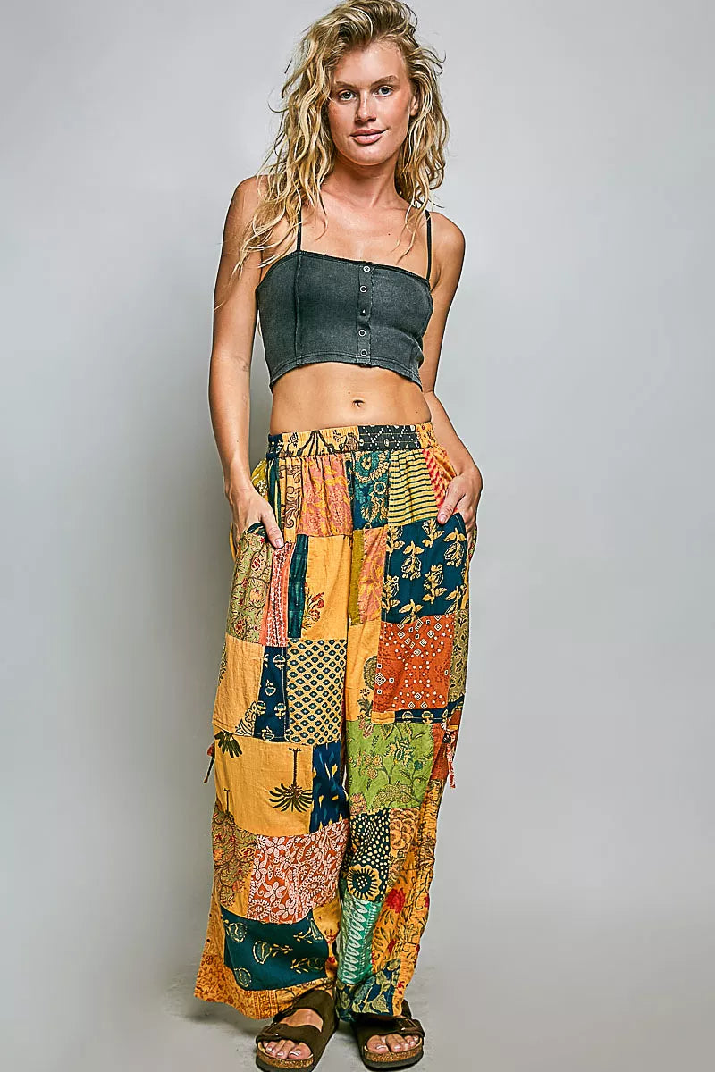 POL Printed Patchwork Pants with Adjustable Side Drawstring