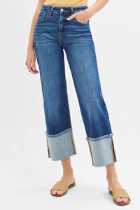 Risen Mid Rise Wide Leg Cuffed Jeans