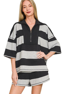 Zenana French Terry Striped Half Zip Top & Shorts Set