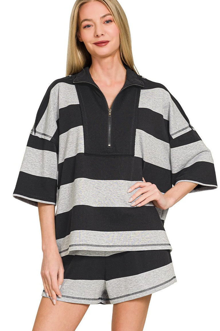 Zenana French Terry Striped Half Zip Top & Shorts Set
