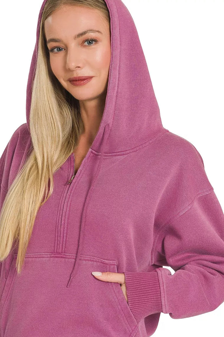 Fleece Pigment Dyed Half Zip Kangaroo Pocket Hoodie in Wine