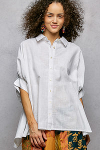 Off White Cotton Button Down Half Dolman Sleeve Shirt