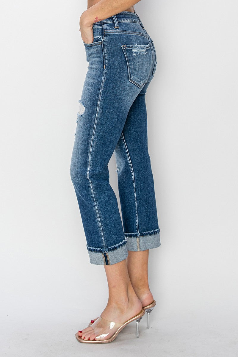 RISEN Mid Rise Distressed Cuffed Ankle Straight Jeans