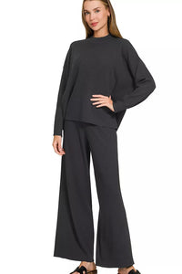Viscose Sweater Knit Top &amp; Pants Two-Piece Set-in Black