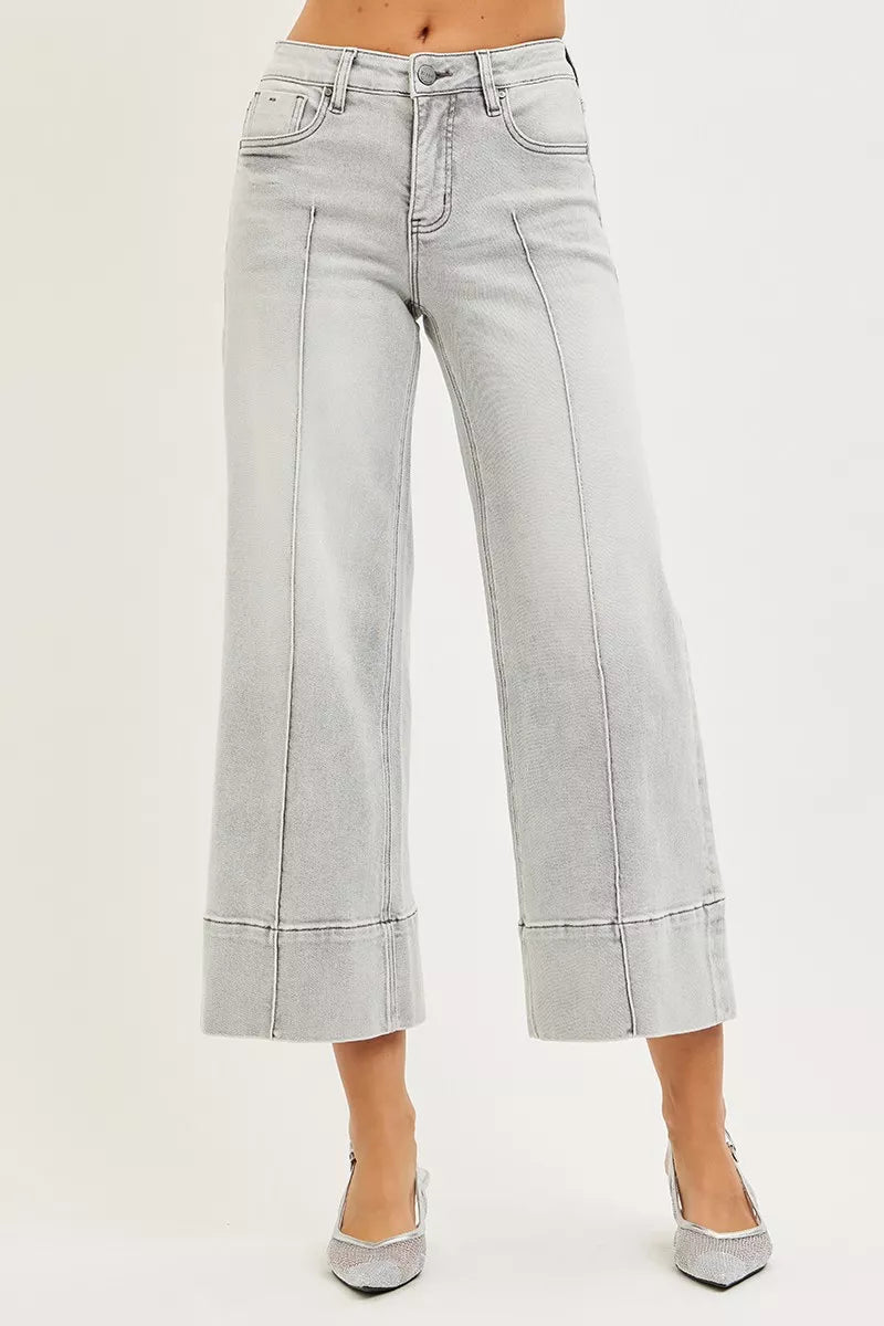 Risen Mid Rise Light Grey Tummy Control Crop Wide Leg Pintuck Front Jeans