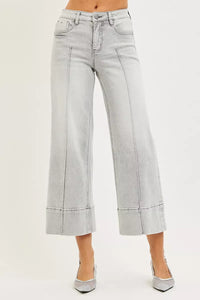 Risen Mid Rise Light Grey Tummy Control Crop Wide Leg Pintuck Front Jeans