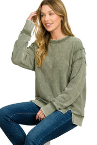 Acid Washed Double Ribbed Exposed Seam Sweatshirt in Dark Olive