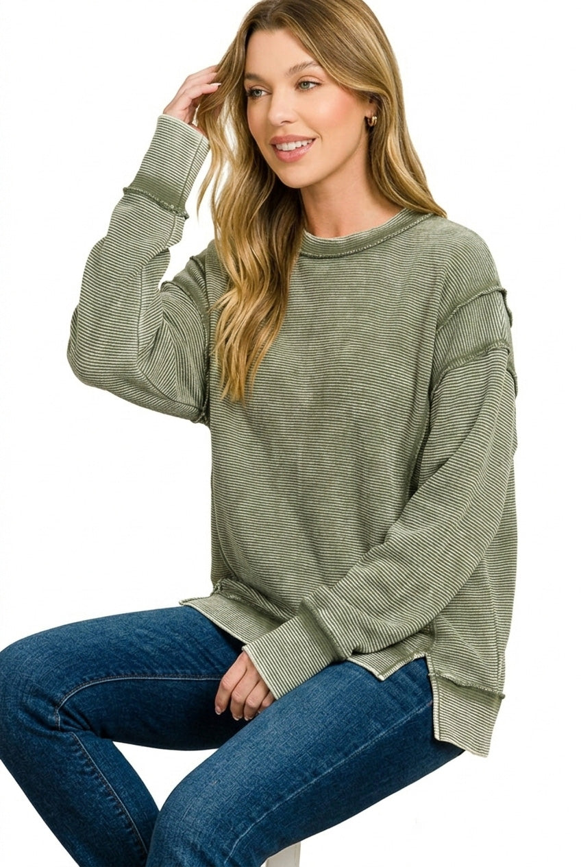 Acid Washed Double Ribbed Exposed Seam Sweatshirt in Dark Olive