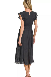 Woven Smocked Ruffle Sleeve Midi Dress in Black