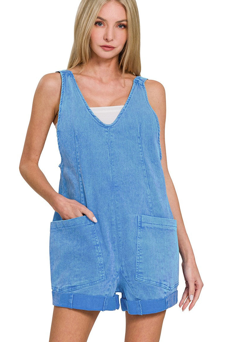 Zenana Washed Adjustable Strap Denim Romper