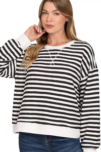 Zenana Striped Round Neck Sweatshirt