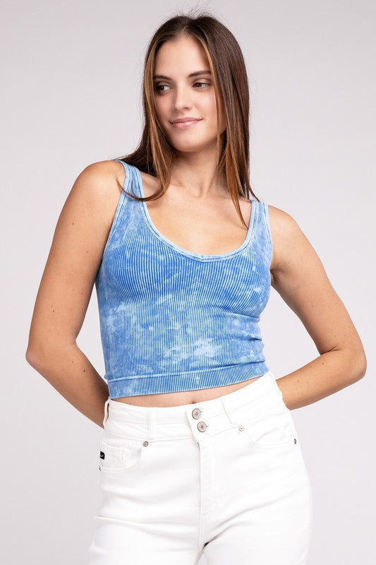 Reversible 2-Way Neckline Mineral Washed Ribbed Cropped Tank Top
