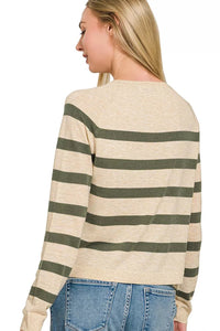 Zenana Lightweight Striped Round Neck Sweater in Dark Olive