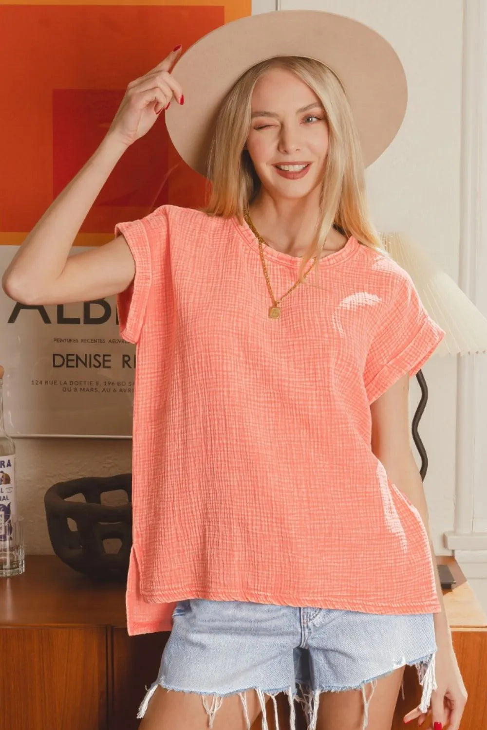 Zenana Coral Woven Double Gauze Acid Washed Short Sleeve Top