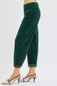 Risen High Rise Crop Barrel Corduroy Pants in Hunter Green