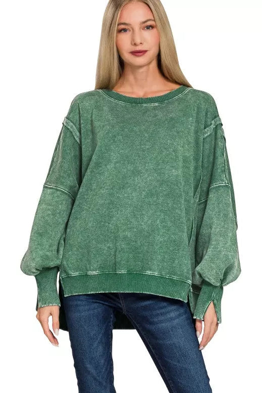 Acid Washed Batwing Sleeve Fleece Sweatshirt in Dark Green
