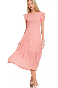 Zenana Woven Smocked Ruffle Sleeve Midi Dress in Dark Pink