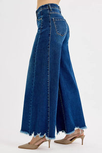 Risen High Rise Dark Wash Destroyed Hem Wide Leg Palazzo Jeans