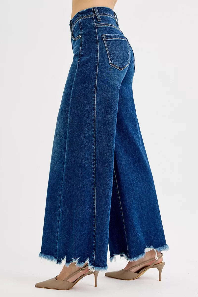 Risen High Rise Dark Wash Destroyed Hem Wide Leg Palazzo Jeans