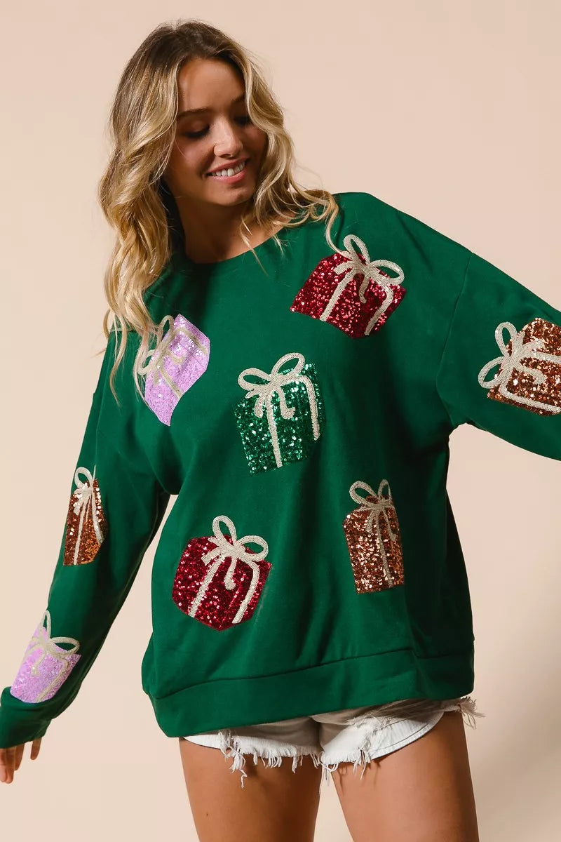 Sequin Christmas Presents Embroidered Pullover