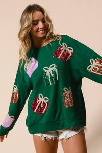 Sequin Christmas Presents Embroidered Pullover