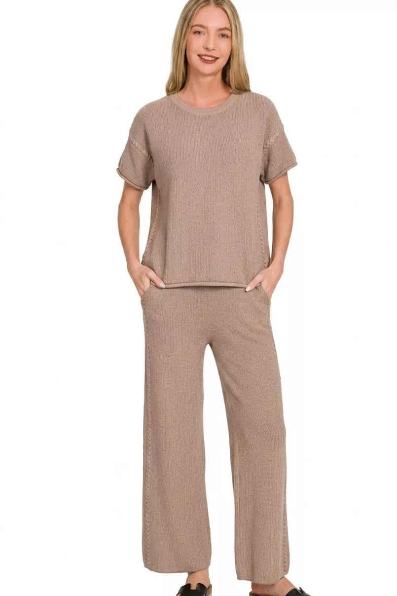 Zenana Sweater Knit Short Sleeve Top & Pants Set in Cocoa