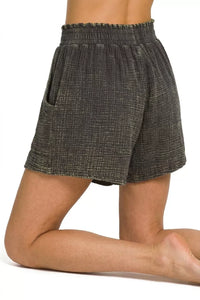 Zenana Washed Double Gauze Shorts in Ash Black