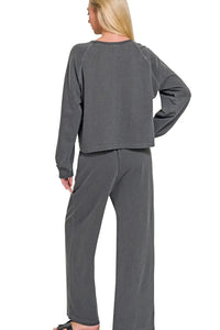 Zenana Washed French Terry Pullover & Pants Set in Black