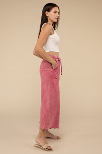 Washed French Terry Wide Leg Cropped Lounge Pants with Pockets