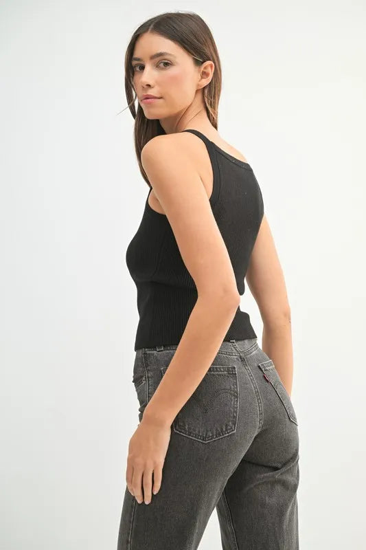 Black High Neck Ribbed Knit Tank
