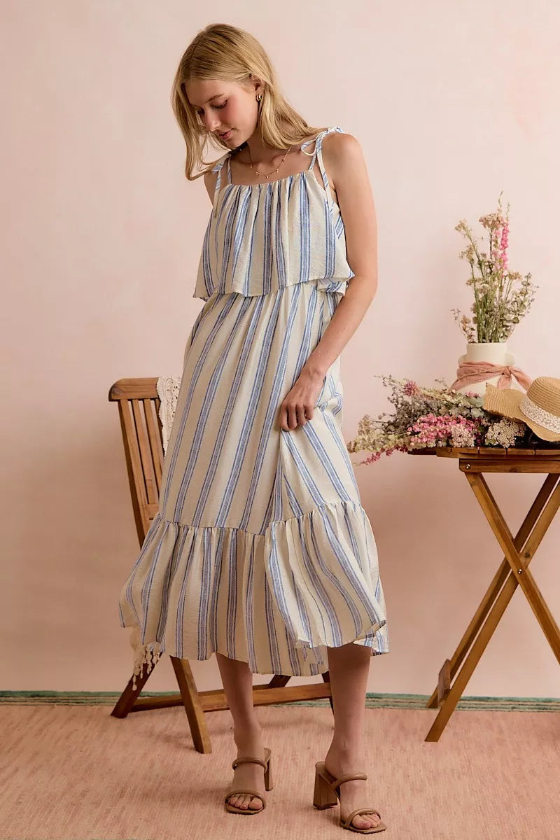 So Me Nautical Stripe Tiered Shoulder Tie Midi Dress