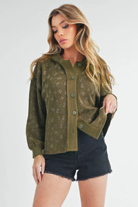 Aemi + Co Olive Floral Button Up Hooded Sweatshirt