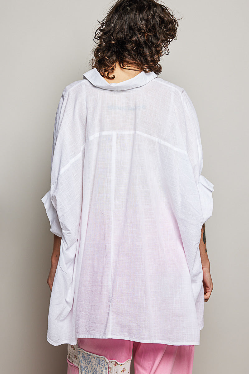 Off White Cotton Button Down Half Dolman Sleeve Shirt